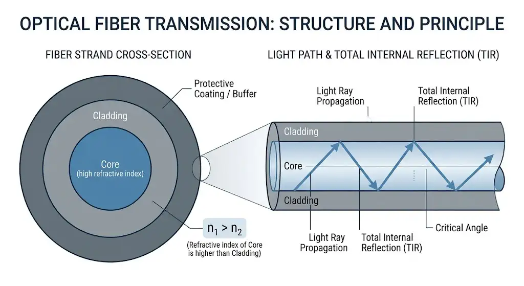 Fiber optic core, cladding, and coating structure with light transmission path@hengtongglobal Fiber optic core, cladding, and coating structure with light transmission path@hengtongglobal